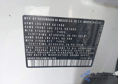 2025 Volkswagen Taos 1.5T S z USA, uszkodzony, nr VIN 3VV5C7B25SM054156